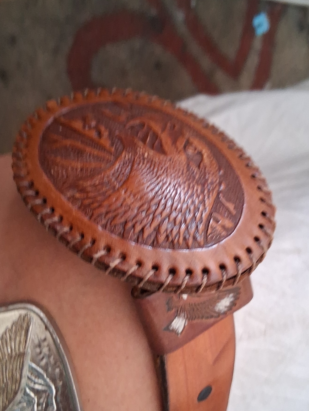 Men's Brown Tooled Leather Belt with Eagle Buckle